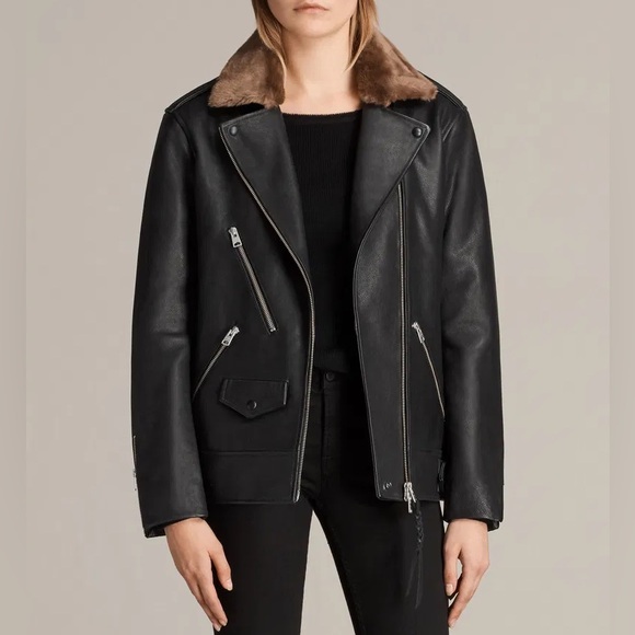 All Saints Jackets & Blazers - SOLD // All Saints Sherwood Leather Biker Jacket w/ Faux Fur Trim Size Small
